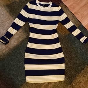 Blue and yellow striped sweater dress
